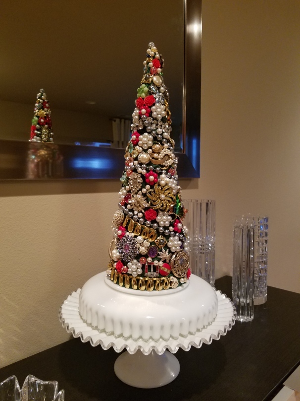 3 D Christmas tree from vintage jewelry on a styrofoam form