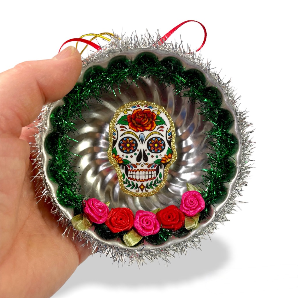 upcycled tin skull ornament